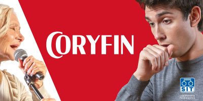 Coryfin ad. Coryfin logo in the center, on the left on old woman singing, on the right a young man coughing