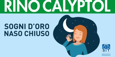 Rino Calyptol ad. The ad says "Sogni d'oro naso chiuso", which metaforiaclly translates to goodbye congested nose. With a woman holding a spary bottle of Rino Calyptol, smiling and feeling relaxed